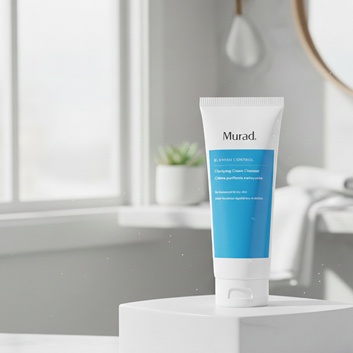 Tube Murad Blemish Control Clarifying Cream Cleanser op een witte standaard in een lichte badkamer
