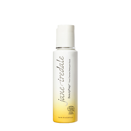 Een witte flacon met gele onderzijde van jane iredale BeautyPrep Face Cleanser, een natuurlijke gezichtsreiniger met het ECOCERT-keurmerk.