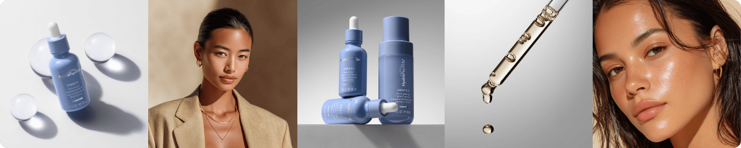 Een sfeervolle collage van vijf diverse beelden met HydroPeptide serums flacons glazen druppels en stralende modellen
