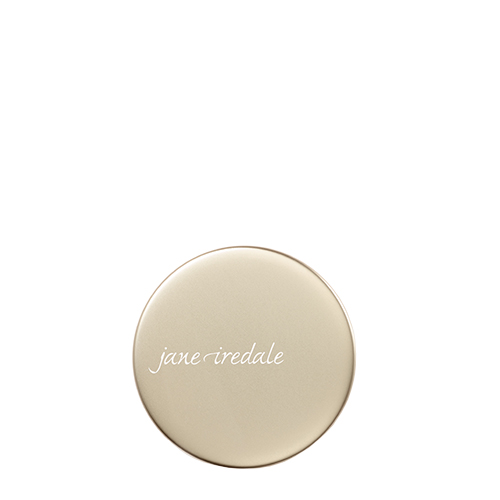 Bovenaanzicht van de ronde gesloten verpakking van de Jane Iredale Amazing Base Loose Mineral Powder op een witte achtergrond. De verpakking heeft een luxe mat goudkleurige deksel met het Jane Iredale logo in het midden.