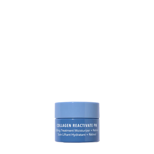 Een kleine blauwe pot HydroPeptide Collagen ReActivate PM lifting treatment moisturizer met retinol van 5 ml op een witte achtergrond.