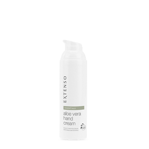Witte pompflacon Extenso Aloë Vera Hand Cream tegen een witte achtergrond.