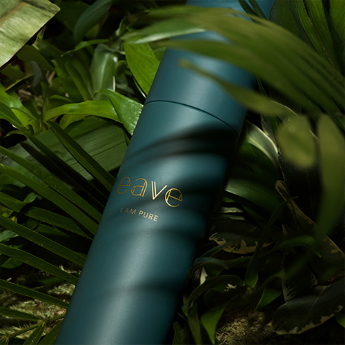 De Eave I AM PURE Face Cleanser ligt tussen groene bladeren op een bed van mos. Het is gedeeltelijk bedekt door schaduwen.