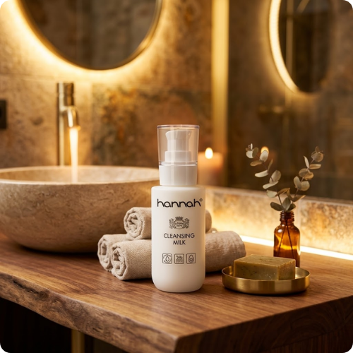 Een witte flacon hannah hannah Cleansing Milk op een houten badkamermeubel in een sfeervol verlichte badkamer met ronde spiegels en kaarslicht.