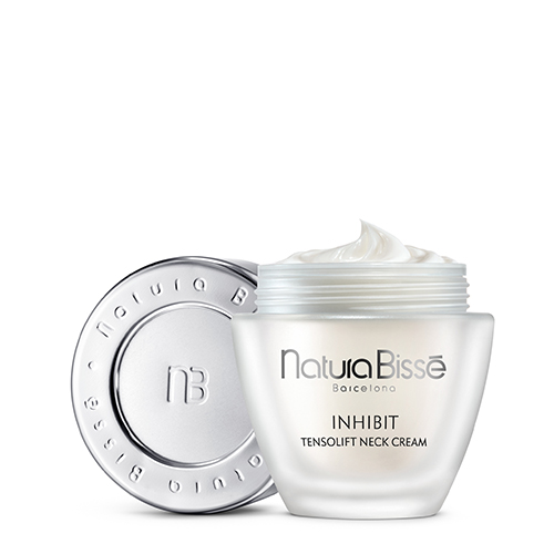 Een geopende pot Tensolift Neck Cream met de zilveren dop ernaast, gevuld met een volle witte crème.