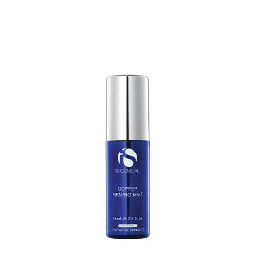 Transparante blauwe sprayflacon van iS Clinical Copper Firming Mist verfrissende en vederlichte gezichtsspray 75ml