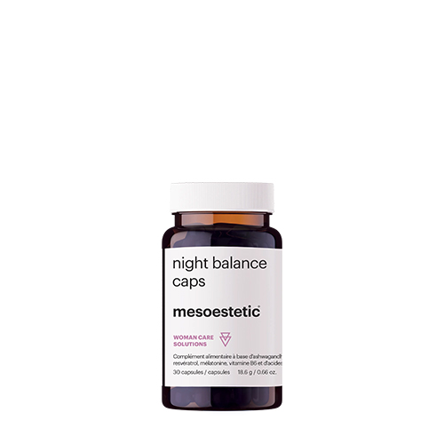 Bruine pot met Mesoestetic night balance capsules en wit etiket