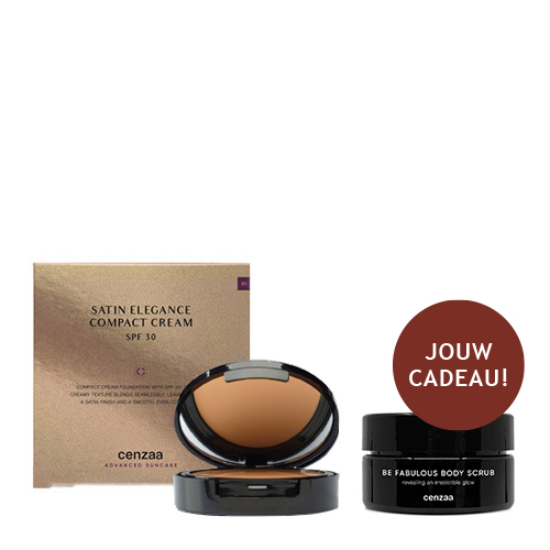 Compact crème foundation van Cenzaa in de kleur Mocha met SPF 30, samen met een gratis potje Be Fabulous Body Scrub.