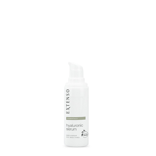 Vrijstaande productfoto van het geopende Extenso Hyaluronic Serum (30ml) op een witte achtergrond, met de doseerpomp duidelijk zichtbaar.