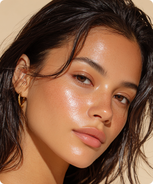 Close-up van een vrouw met een minimalistische "dewy" make-uplook en glanzende huid. Haar jukbeenderen en neusbrug lichten op door vloeibare goudkleurige highlighter.