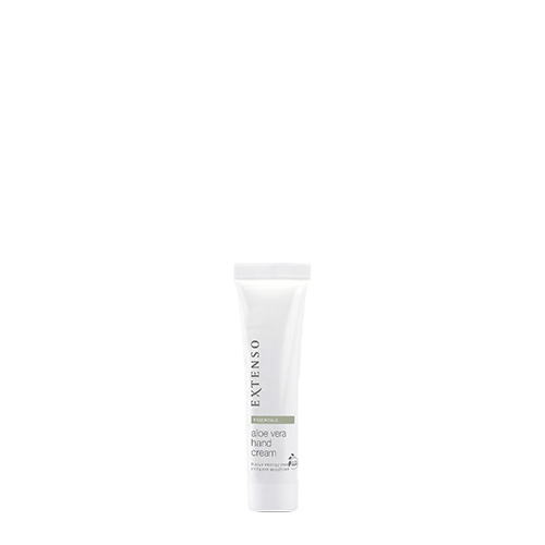 Kleine tube Extenso Aloë Vera Hand Cream (15ml) tegen een witte achtergrond.