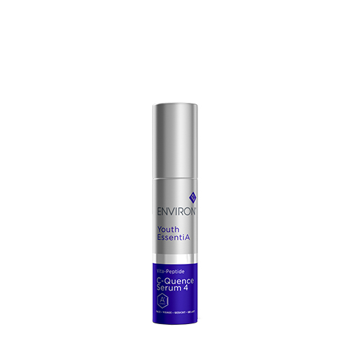 Een vrijstaande zilveren flacon van het Environ Youth EssentiA Vita-Peptide C-Quence Serum 4 met een donkerblauw label aan de onderzijde