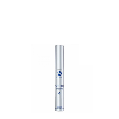 Witte flacon met zilveren accenten van iS Clinical Youth Lip Elixir hydraterende en volumegevende lipverzorging 3,5g