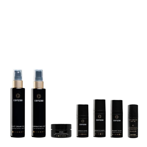 Een overzicht van de losse producten uit de Cenzaa Age Reduce set, inclusief reinigers, scrub, dagcrème en zonnebrandcrème.