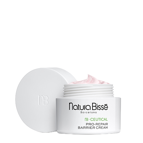 Geopende pot Natura Bisse NB Ceutical Pro Repair Barrier Cream met roze crèmetextuur