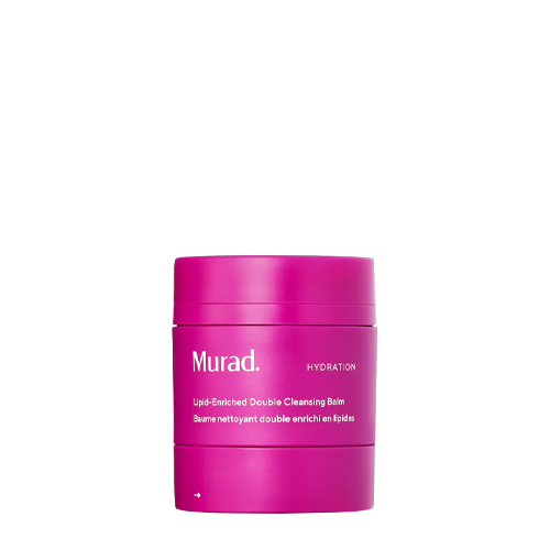 Een vooraanzicht van de Murad Lipid-Enriched Double Cleansing Balm in een felroze (fuchsia) ronde pot met witte letters, onderdeel van de Hydration-lijn.