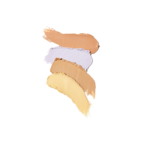 Vier romige vegen van het Jane Iredale Corrective Colors camouflagepalet op een witte achtergrond. De textuur laat de vier kleurcorrigerende tinten onder elkaar zien: perzik, lila, beige en geel.