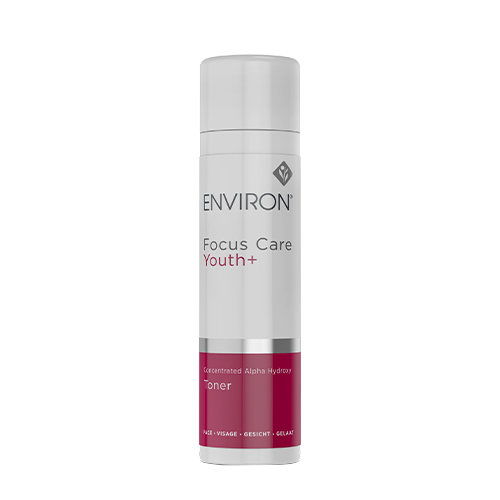 Productfoto van een 200ml flacon Environ Focus Care Youth+ Concentrated Alpha Hydroxy Toner op een witte achtergrond.