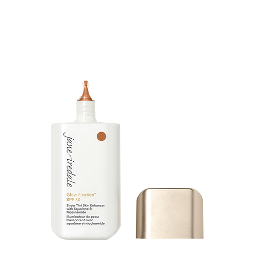 Flesje Jane Iredale Glow Fixation in de kleur Light Medium to Medium met de gouden dop ernaast