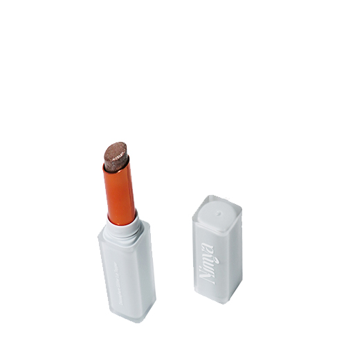 Open witte huls van de taupekleurige Nimya glitter lippenstift met de dop ernaast op een witte achtergrond