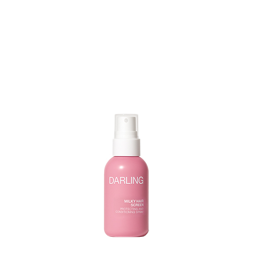 Een compacte travelsize flacon van Darling Milky Hair Screen van 50ml met een transparante dop op de verstuiver.