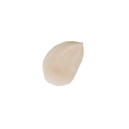 Een halftransparante, beige-achtige serum-swatch met fijne deeltjes, wat duidt op een verhelderende en exfoliërende formule.