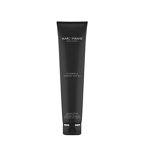 Een productafbeelding van een staande zwarte tube Marc Inbane Body Lotion van 175ml tegen een witte achtergrond