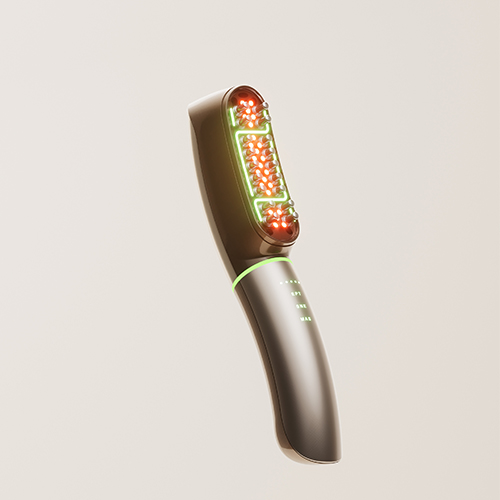 Close-up van het ergonomische JOVS Slimax handheld apparaat met oplichtende rode en groene ledlampjes en metalen contactpunten op de behandelkop