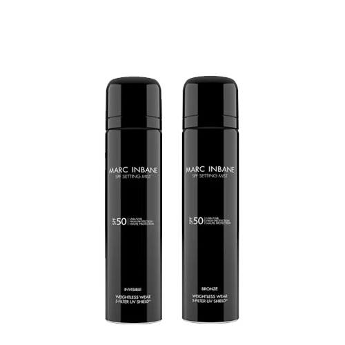 Een productafbeelding van een duo pack met twee zwarte spuitbussen Marc Inbane SPF 50 Setting Mist in de varianten Invisible en Bronze