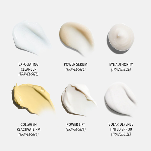 Een overzicht van de verschillende texturen van de HydroPeptide Age Reversal producten, variërend van een romige cleanser en vloeibaar serum tot rijke moisturizers en een getinte SPF.