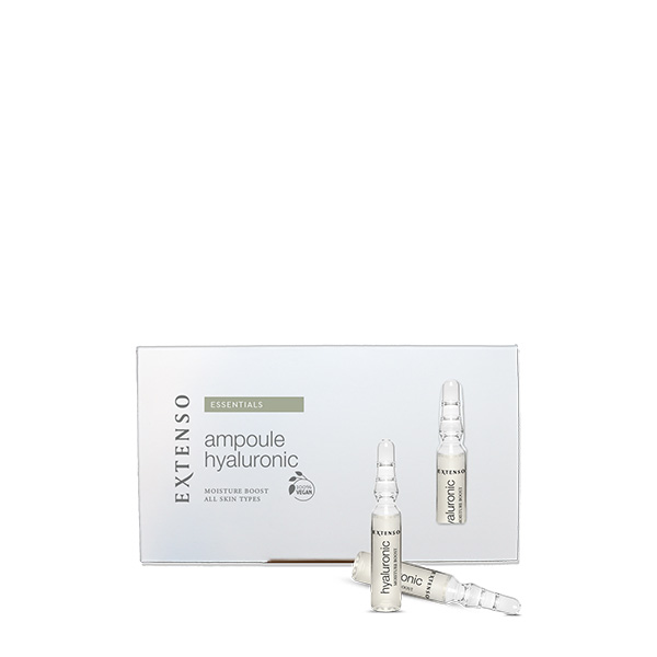 Verpakking met 5 stuks Extenso Ampoule Hyaluronic tegen een witte achtergrond.