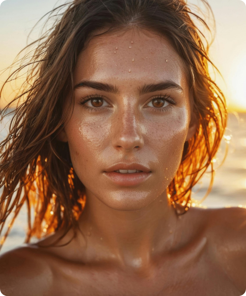 Een close up van een stralende vrouw met een zonovergoten huid die glanst door zonlicht en waterdruppels.