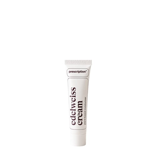 Een kleine witte tube Prescription edelweiss cream plant based moisturizer tegen een egale witte achtergrond