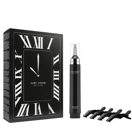 Marc Inbane Tan O'Clock luxe box met de Perle de Soleil zelfbruiner druppels en een set zwarte Croc Clips.