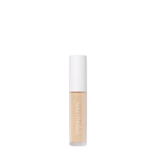 Een gesloten, transparante flacon van Jane Iredale PureMatch Liquid Concealer in de kleur 3W Fair op een witte achtergrond. De huls heeft een witte dop en toont de lichte, warme concealertint met het merklogo