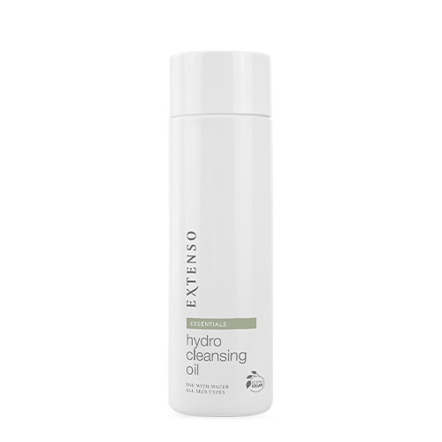 Vrijstaande productfoto van de witte fles Extenso Hydro Cleansing Oil (250ml) op een witte achtergrond, met duidelijke productinformatie op het etiket.