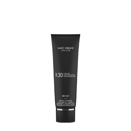 Een productafbeelding van een staande zwarte tube Marc Inbane Creme Solaire Bronze met SPF 30 tegen een witte achtergrond