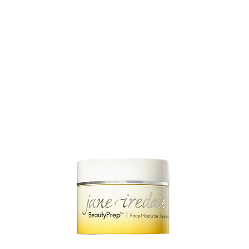 Een ronde witte pot jane iredale BeautyPrep Face Moisturizer met een zilveren rand en een geel kleurverloop aan de onderkant.
