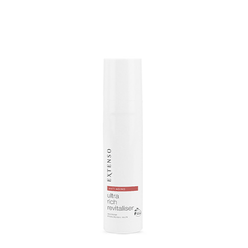Witte flacon van Extenso Ultra Rich Revitaliser anti aging crème tegen een egale witte achtergrond