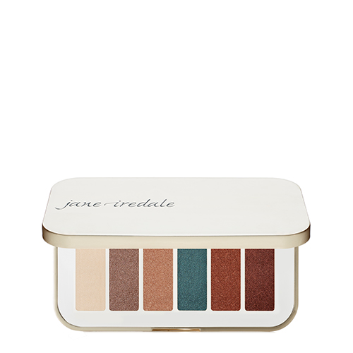 Geopend Jane Iredale PurePressed Eye Shadow Palette Solar Flare met zes oogschaduwkleuren waaronder warm brons en teal