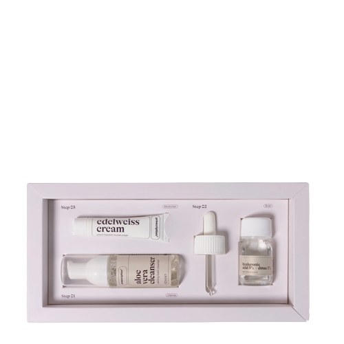 Binnenzijde van de Prescription Winter Rescue Set met aloe vera cleanser edelweiss cream en hyaluronic acid serum