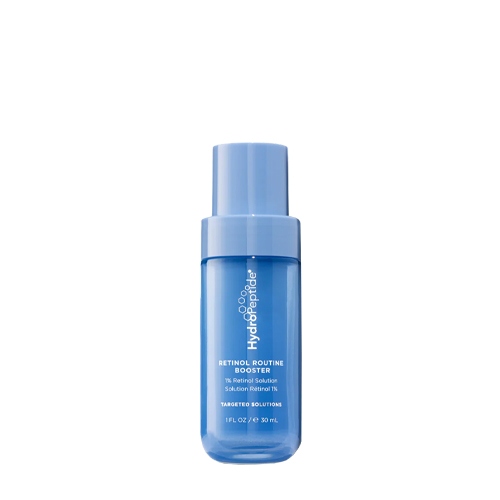 De blauwe flacon van de HydroPeptide Retinol Routine Booster 30ml met witte opdruk op een witte achtergrond.