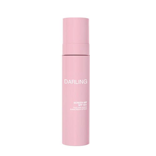 Vooraanzicht van de roze DARLING SCREEN-ME SPF 50+ Face and Body Sunscreen Spray met een matching roze dop.