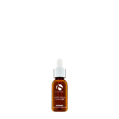 Een amberkleurige fles van iS Clinical Super Serum Advance+ met een zilveren dop en witte pipet, 15ml.