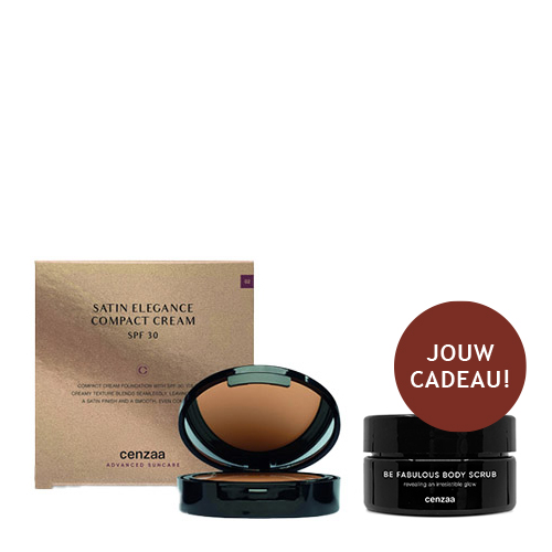 Luxe verpakking en geopende poederdoos van Cenzaa Satin Elegance Compact Cream SPF 30 in de kleur Bronze, inclusief een gratis Be Fabulous Body Scrub.