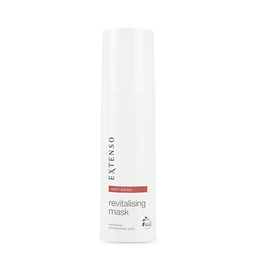 Een gesloten witte fles van het Extenso anti aging revitalising mask tegen een witte achtergrond