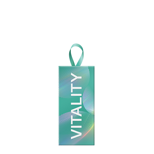 Een groenkleurig Vitality productdoosje met een opvallend golvend patroon en een lusje aan de bovenkant tegen een witte achtergrond.
