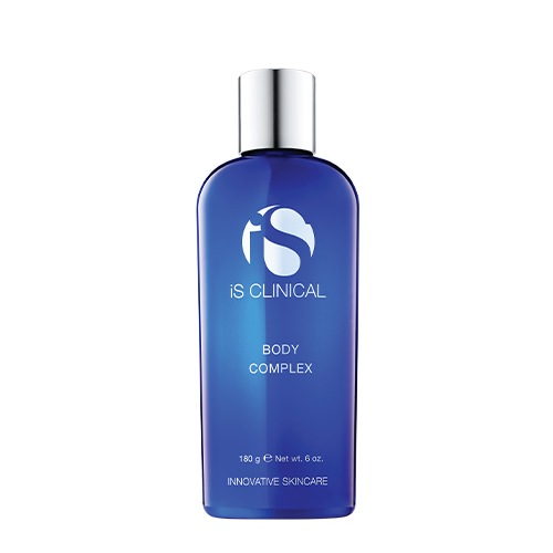 Grote blauwe flacon met pompje van iS Clinical Body Complex hydraterende en exfoliërende bodylotion 180ml