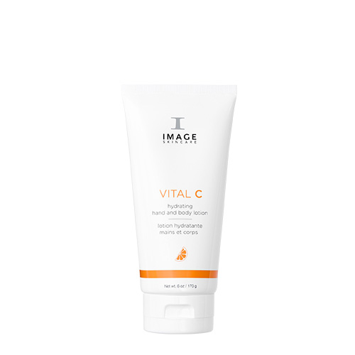 Een witte tube van de IMAGE Skincare VITAL C Hydrating Hand and Body Lotion met oranje details op een witte achtergrond.