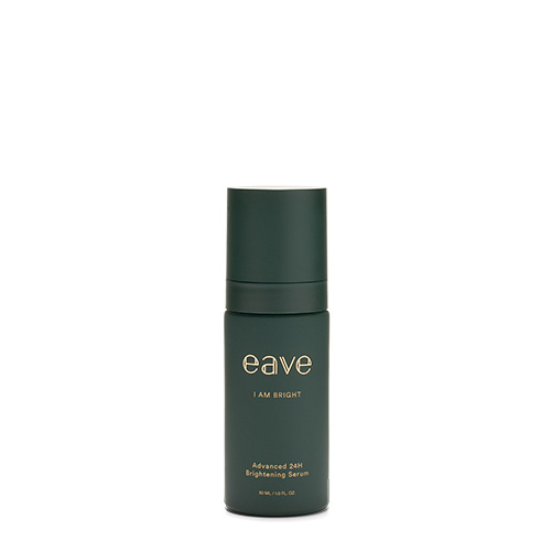 Een compacte donkergroene flacon van het EAVE I AM BRIGHT Advanced 24H Brightening Serum met gouden details.